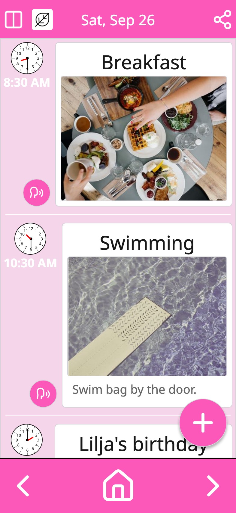 A Saturday in Moi Calendar: breakfast, swimming, a birthday party and bedtime, each with its photo