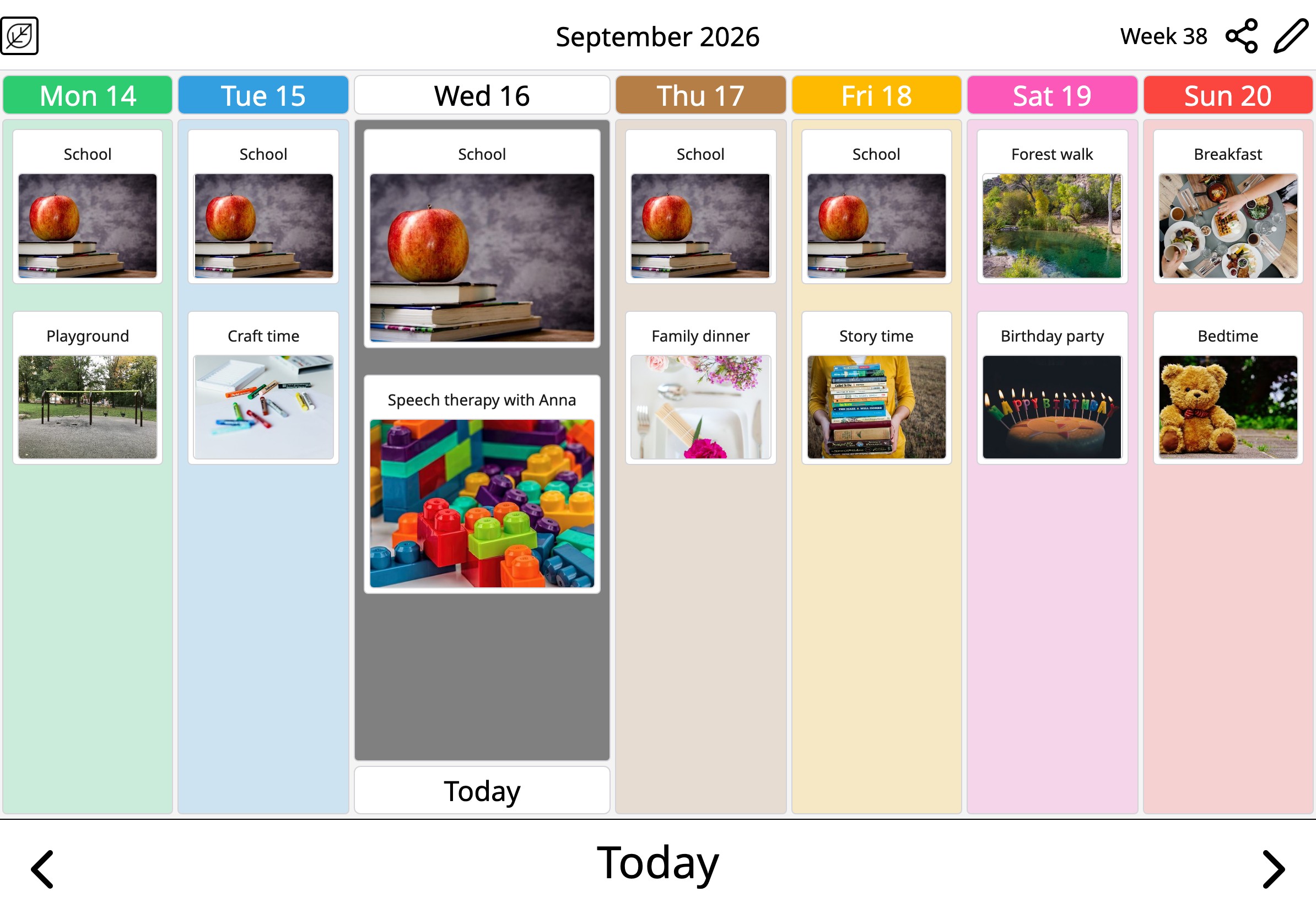 The week view in Moi Calendar on a tablet: seven columns in the weekday colours, a photo on every card