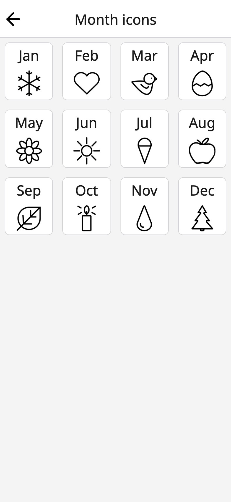 Month icons in Moi Calendar: a picture for each of the twelve months