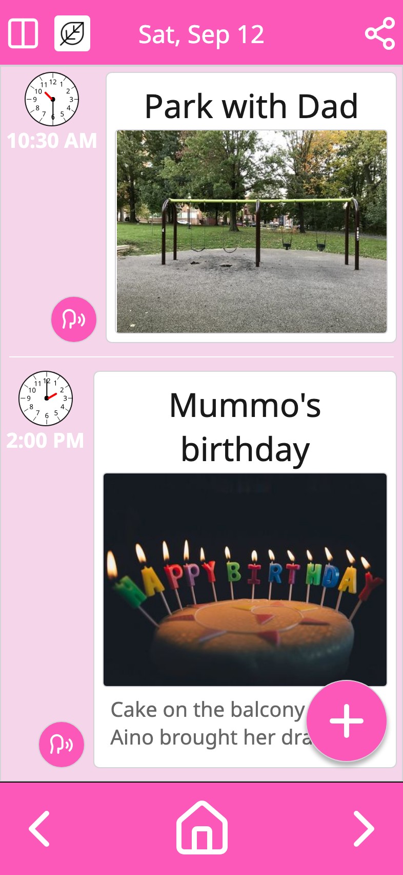 A Saturday in Moi Calendar: the pink on the header, the bottom bar and the buttons, the activity card plain