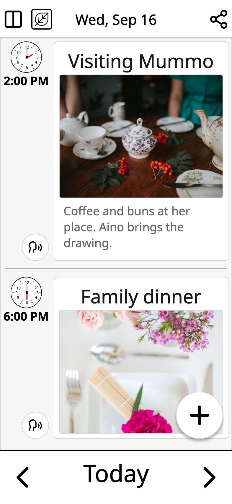An activity in Moi Calendar: the title Visiting Mummo, a photo of the table set for coffee, a play button for the voice, and a line of description