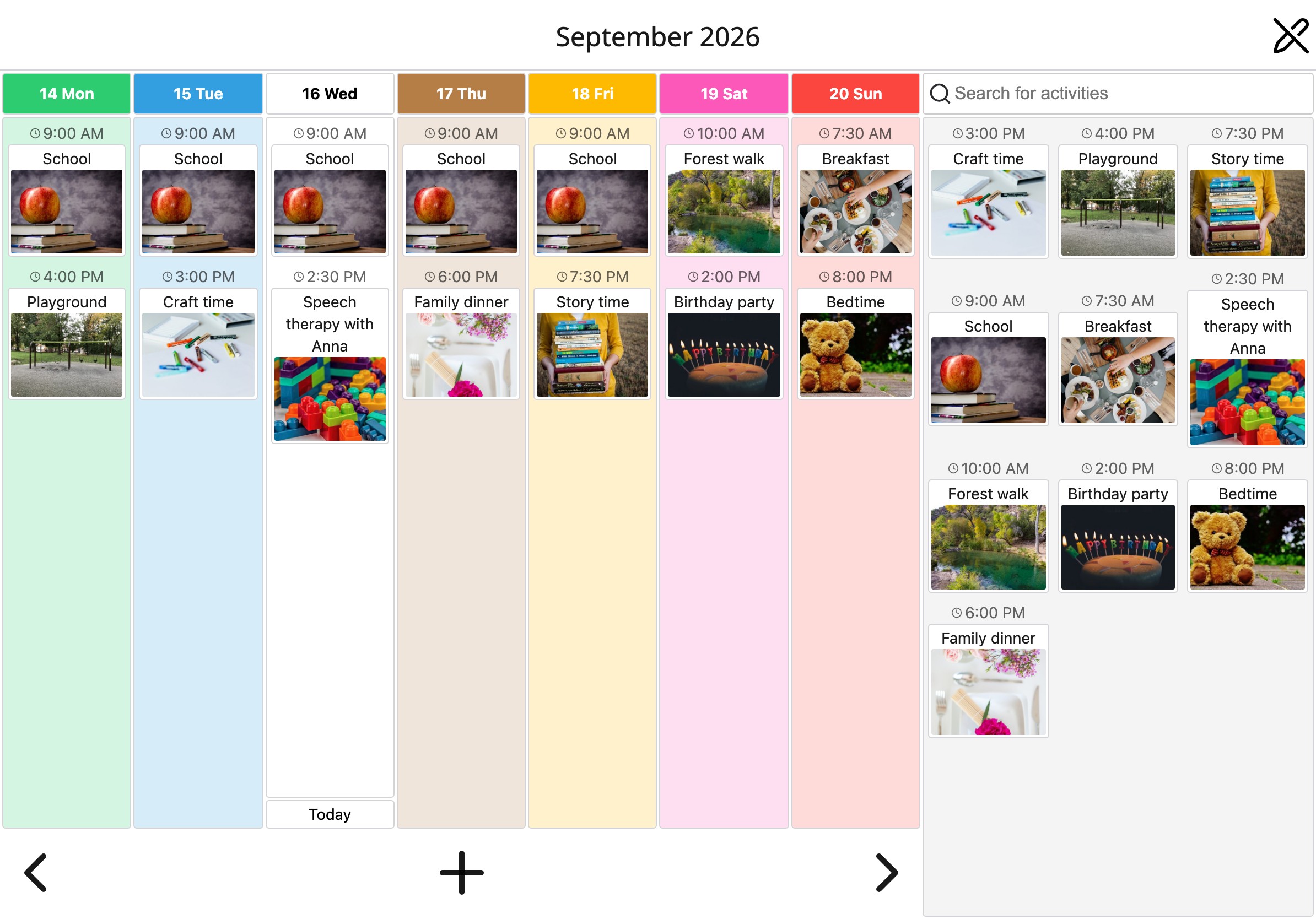 The planning board in Moi Calendar on a tablet: the week as columns, with a gallery of earlier activities beside them