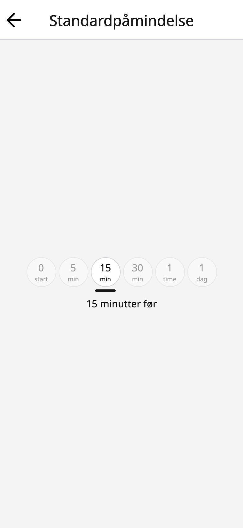 Standardpåmindelsen i Moi Kalender med femten minutter før valgt