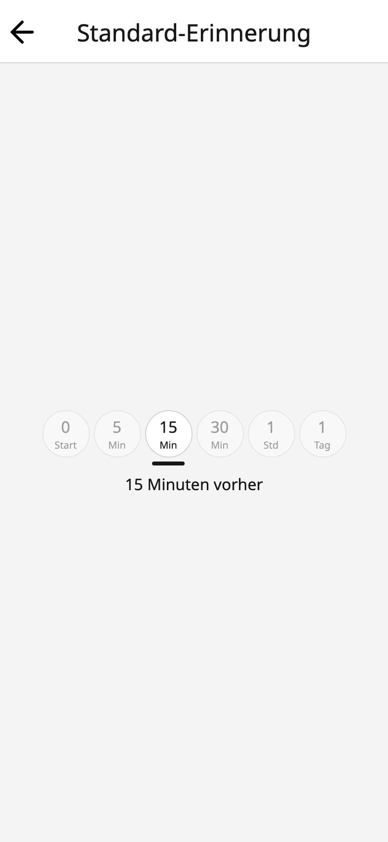 Die Standard-Erinnerung im Moi Kalender, fünfzehn Minuten vorher ausgewählt