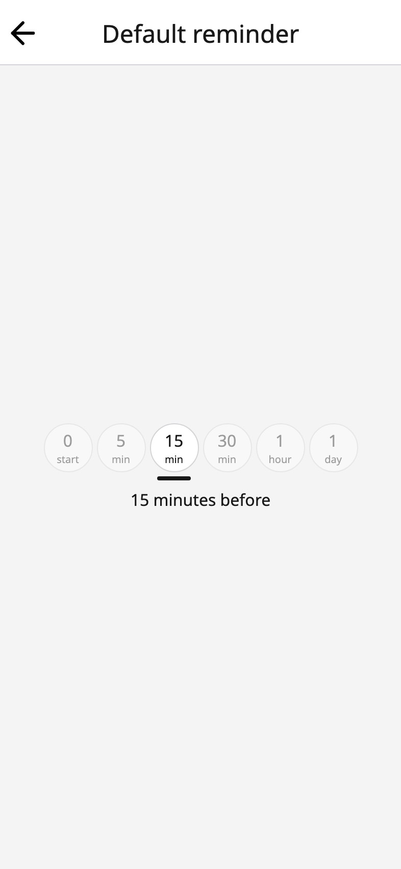 The default reminder setting in Moi Calendar, fifteen minutes before selected