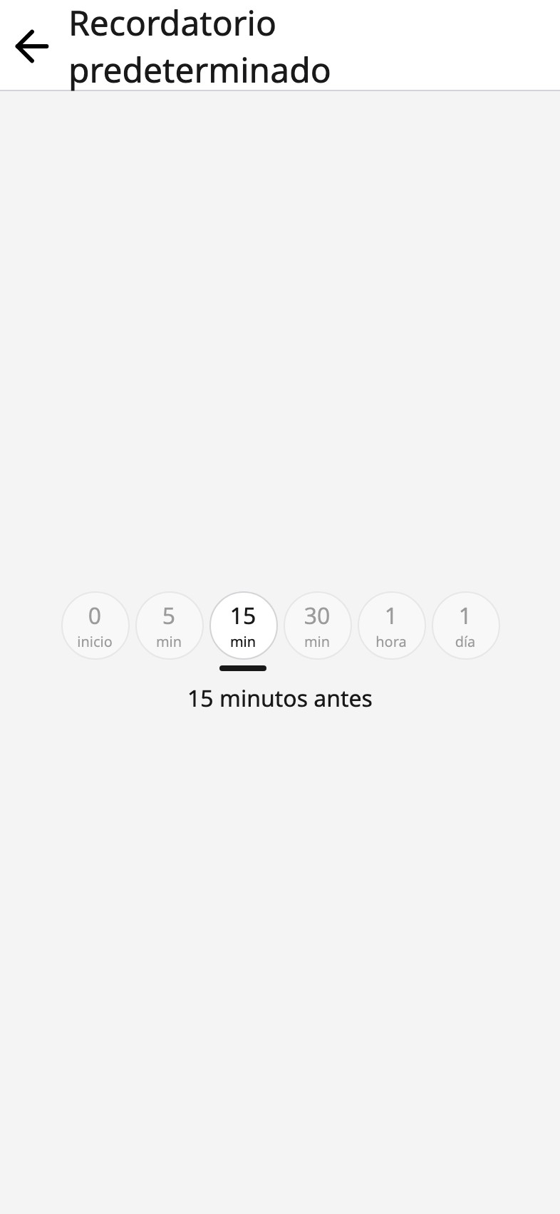 El recordatorio predeterminado en Moi Calendario, con quince minutos antes seleccionado