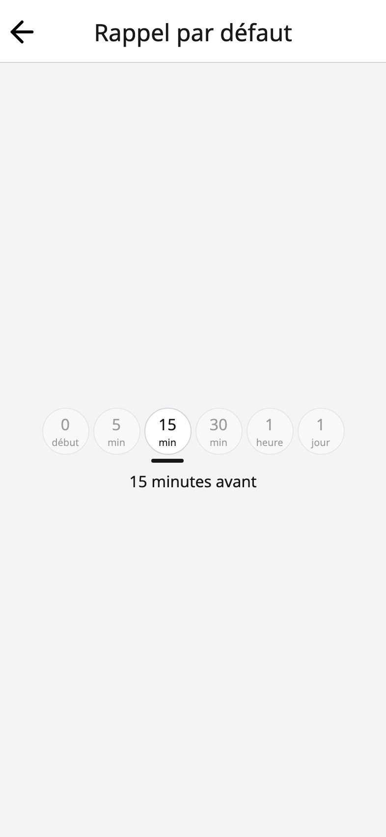 Le rappel par défaut dans Moi Calendrier, quinze minutes avant sélectionné