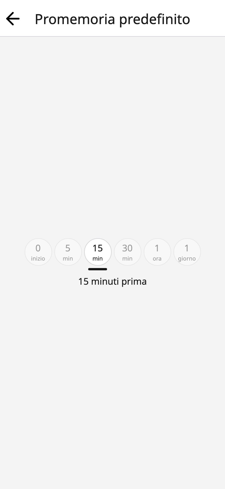 Il promemoria predefinito nel Moi Calendario, con quindici minuti prima selezionato