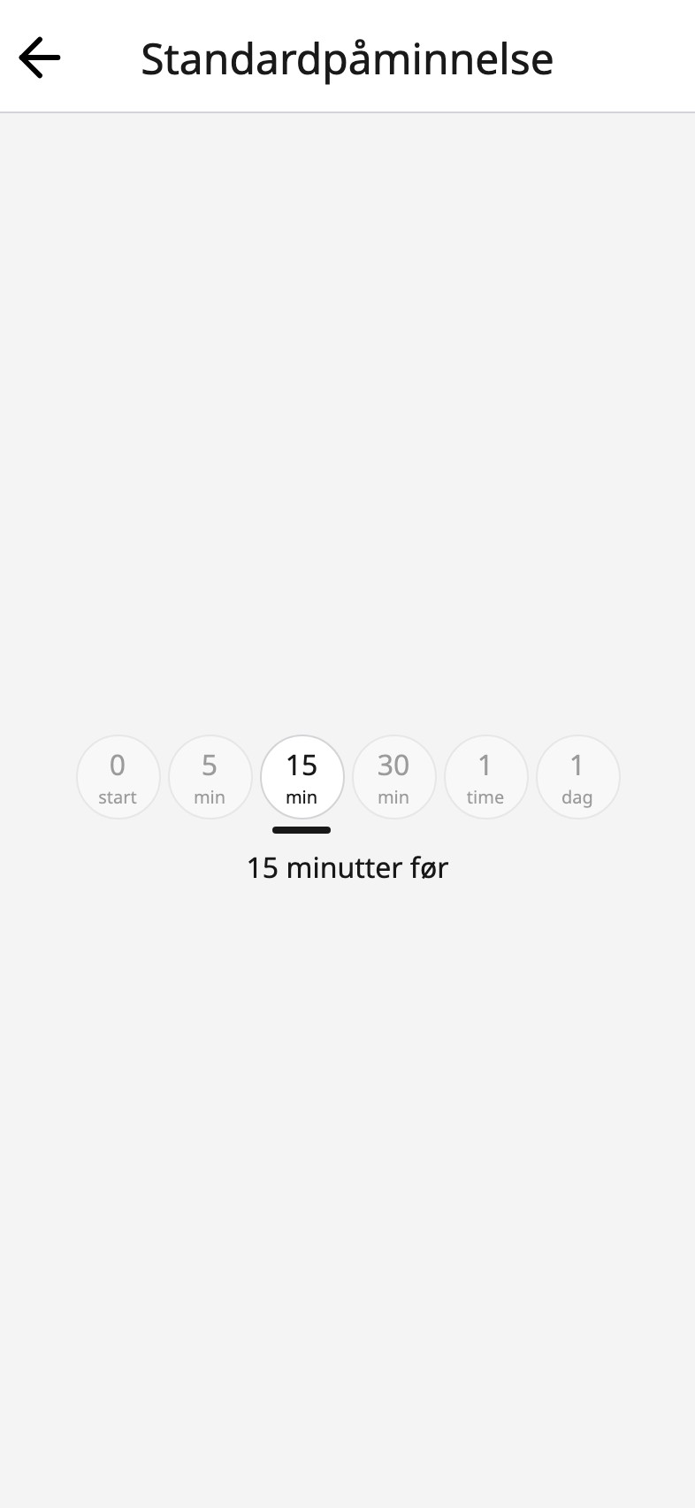 Standardpåminnelsen i Moi Kalender, med femten minutter før valgt