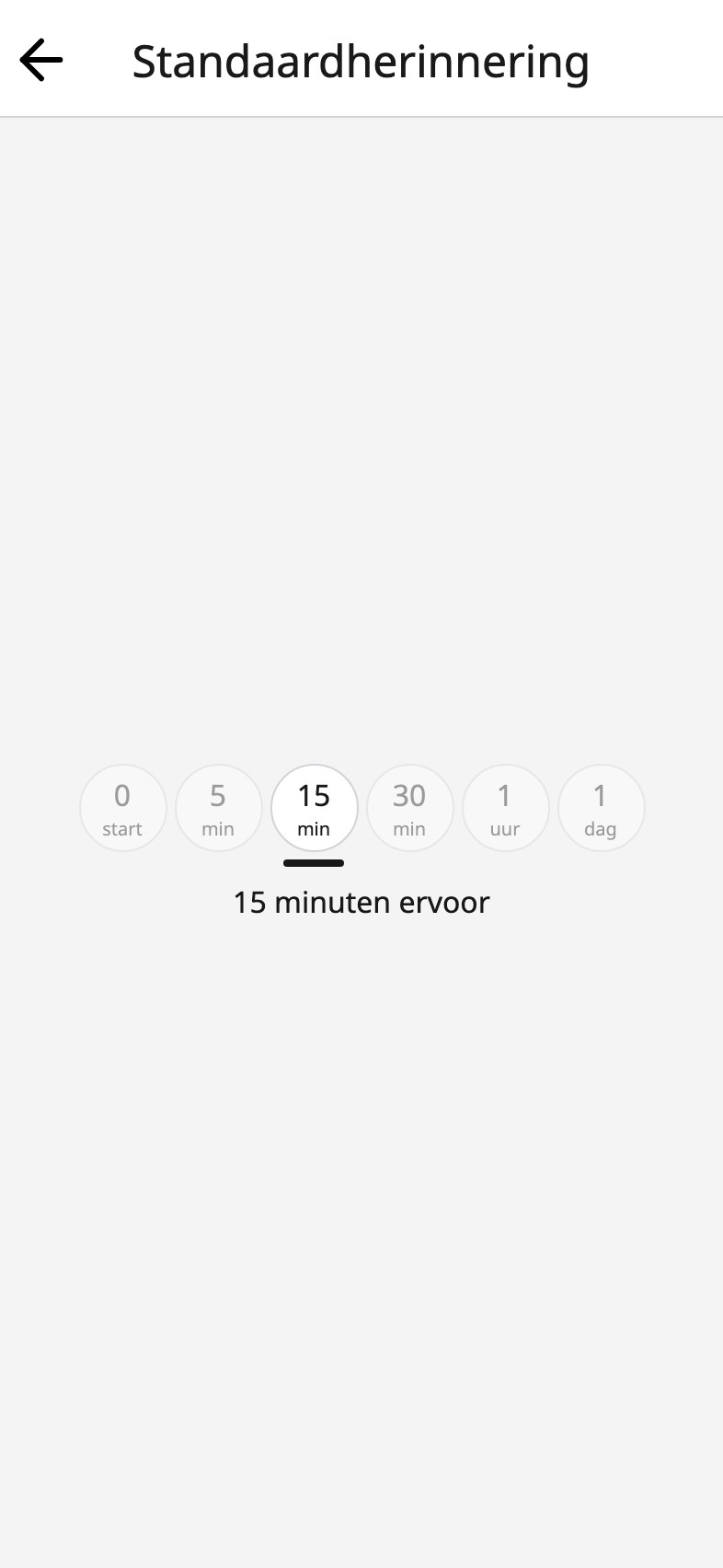 De standaardherinnering in Moi Kalender, met vijftien minuten ervoor geselecteerd