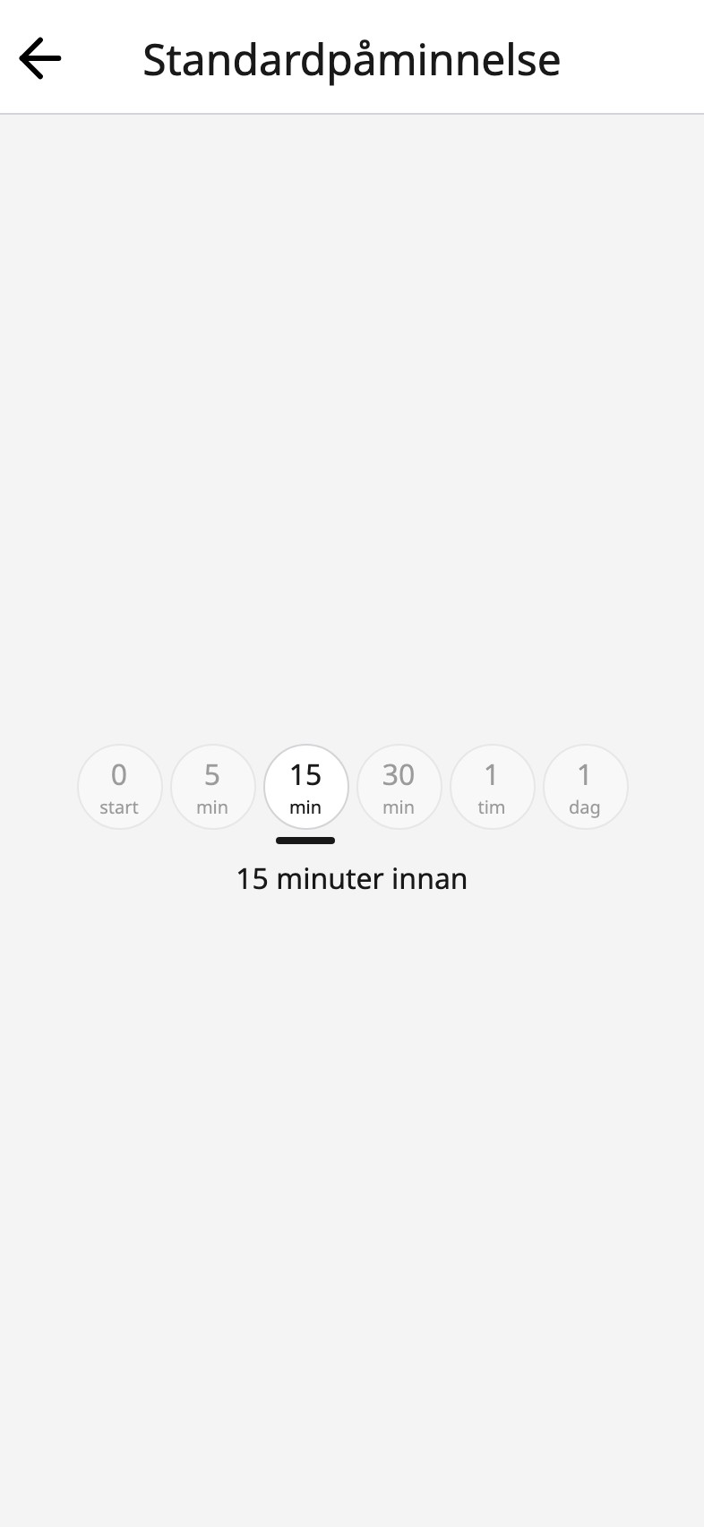 Standardpåminnelsen i Moi Kalender, med femton minuter innan valt