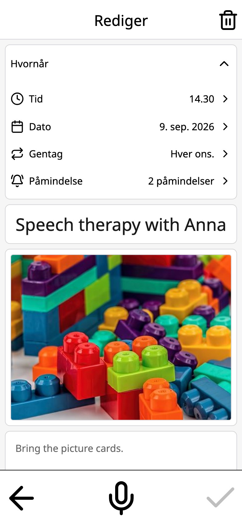 En aktivitet i Moi Kalender med to påmindelser: en dag og femten minutter før