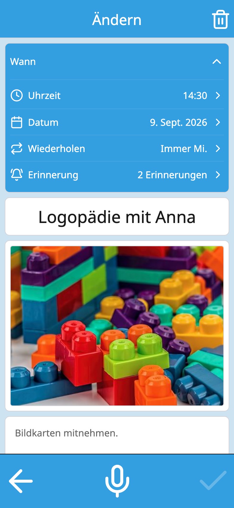 Eine Aktivität im Moi Kalender mit zwei Erinnerungen: einen Tag und fünfzehn Minuten vorher