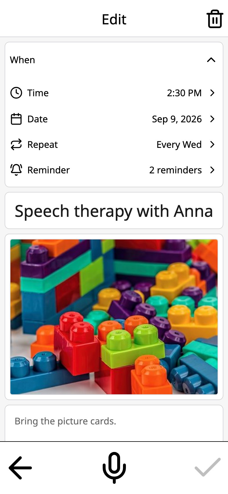 An activity in Moi Calendar with two reminders set, one day and fifteen minutes before