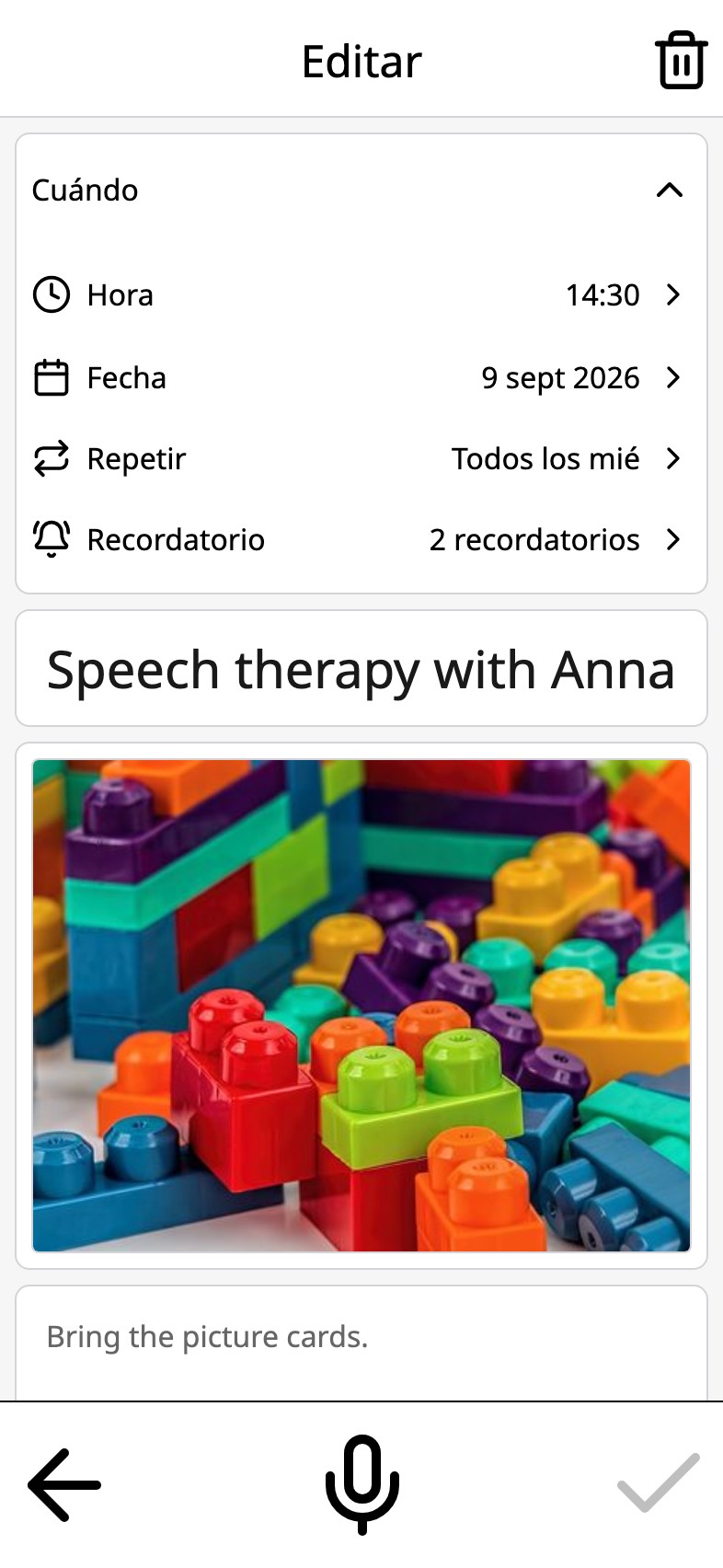 Una actividad en Moi Calendario con dos recordatorios: un día y quince minutos antes