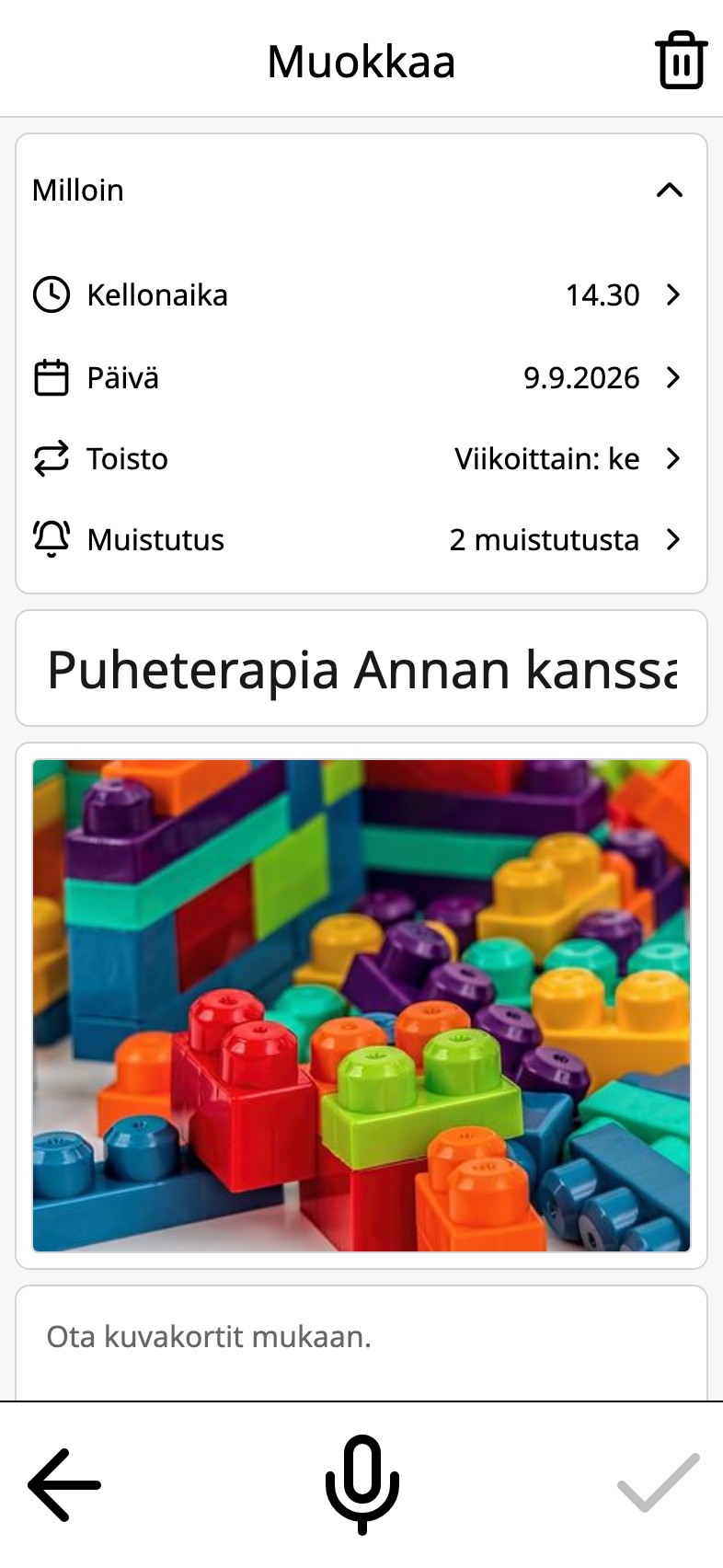 Aktiviteetti Moi Kalenterissa, jossa on kaksi muistutusta: päivä ja viisitoista minuuttia ennen