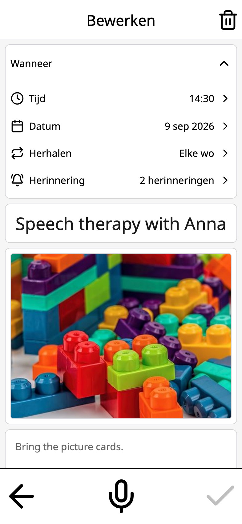 Een activiteit in Moi Kalender met twee herinneringen: een dag en vijftien minuten ervoor