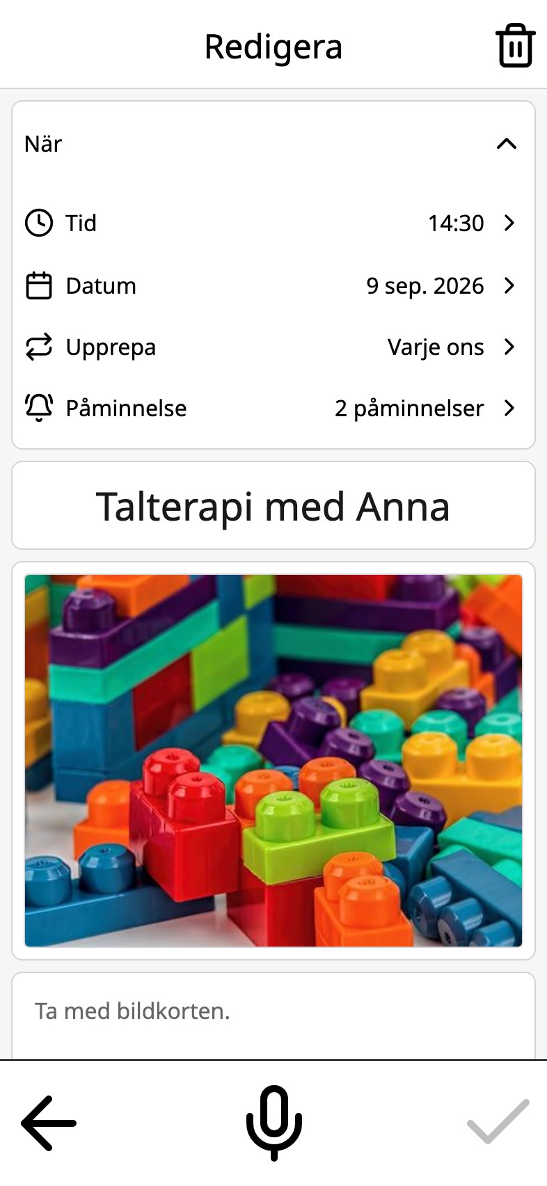 En aktivitet i Moi Kalender med två påminnelser: en dag och femton minuter innan