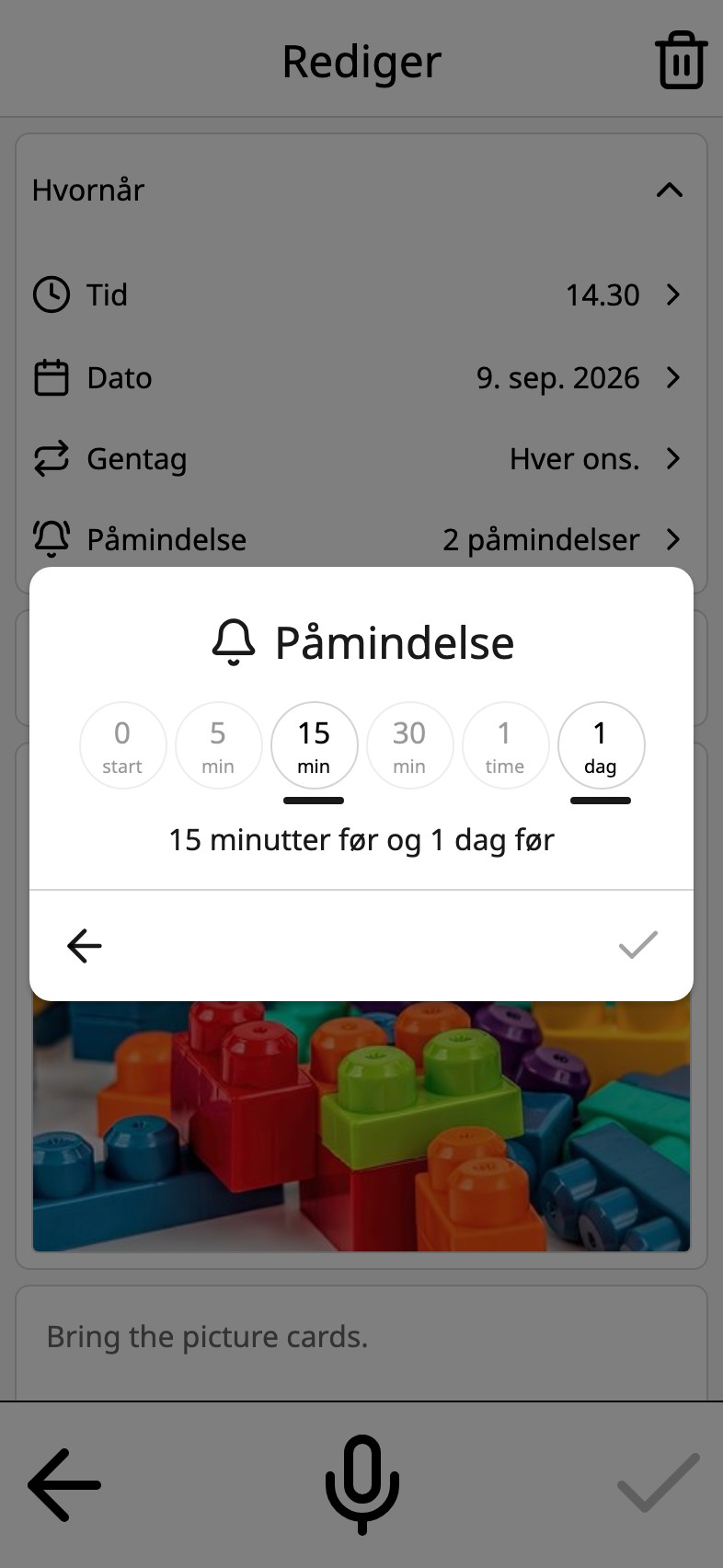Påmindelse i Moi Kalender: valg for ved start, 5, 15 og 30 minutter, en time og en dag før