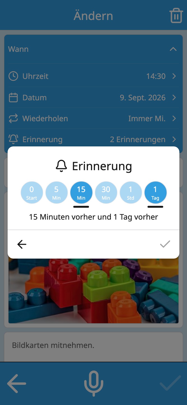 Die Erinnerung im Moi Kalender: Chips für zum Start, 5, 15 und 30 Minuten, eine Stunde und einen Tag vorher