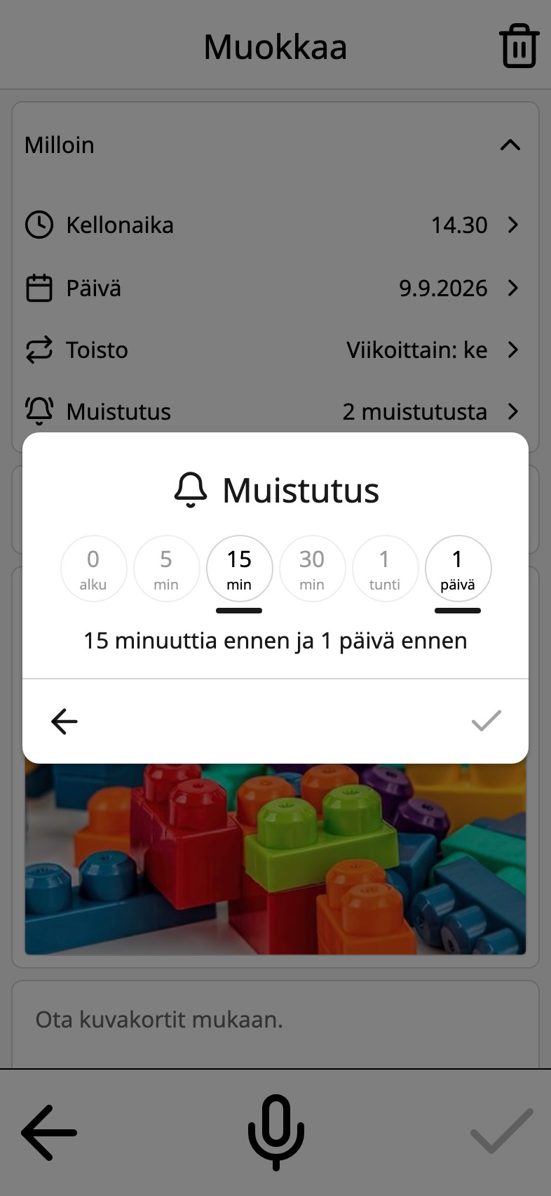 Muistutus Moi Kalenterissa: valinnat alkamisaikaan, 5, 15 ja 30 minuuttia, tunti ja päivä ennen
