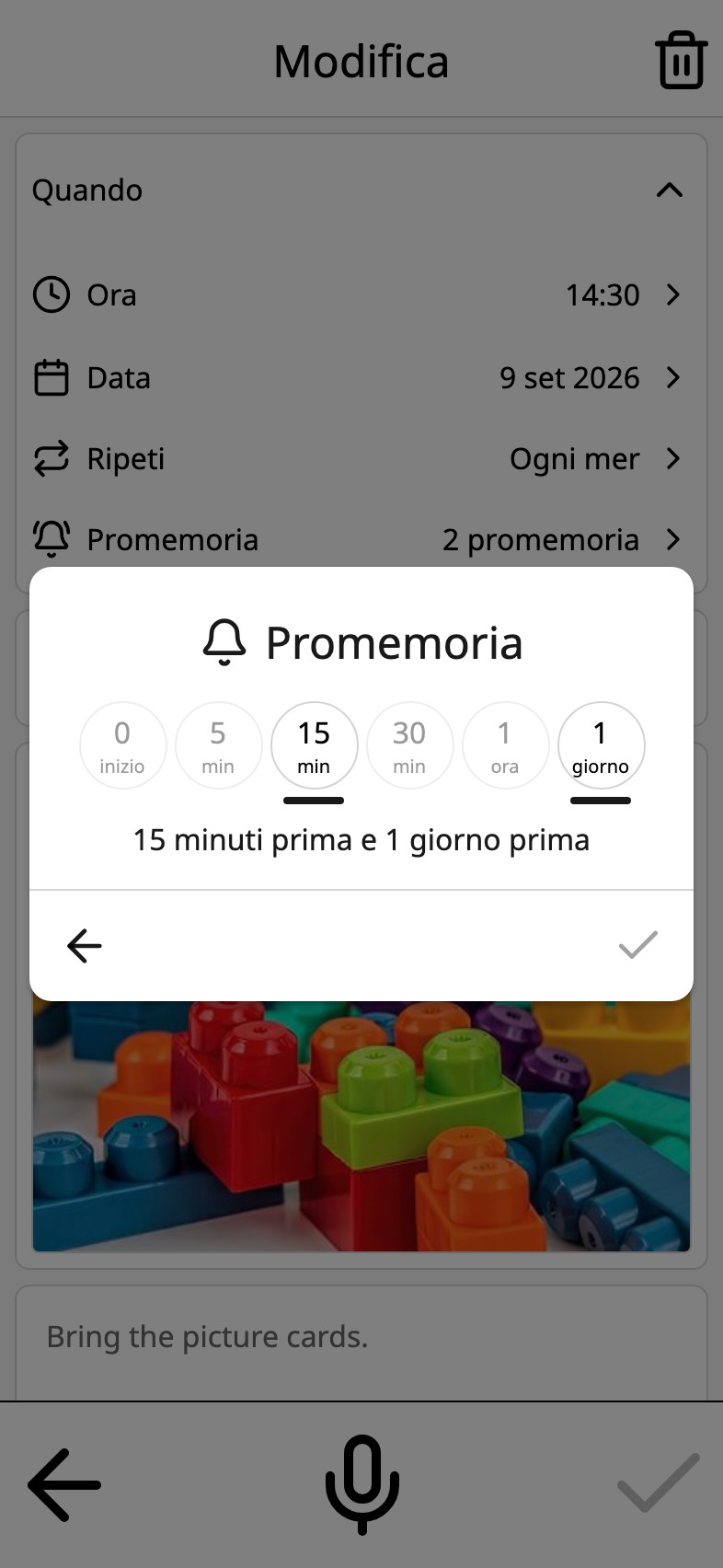 Promemoria nel Moi Calendario: le scelte all'ora di inizio, 5, 15 e 30 minuti, un'ora e un giorno prima