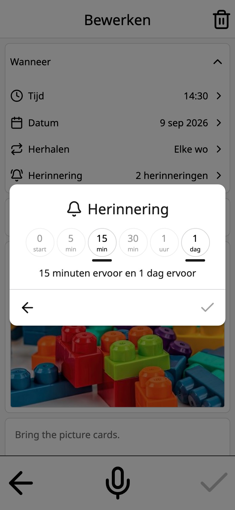 Herinnering in Moi Kalender: keuzes voor bij de starttijd, 5, 15 en 30 minuten, een uur en een dag ervoor