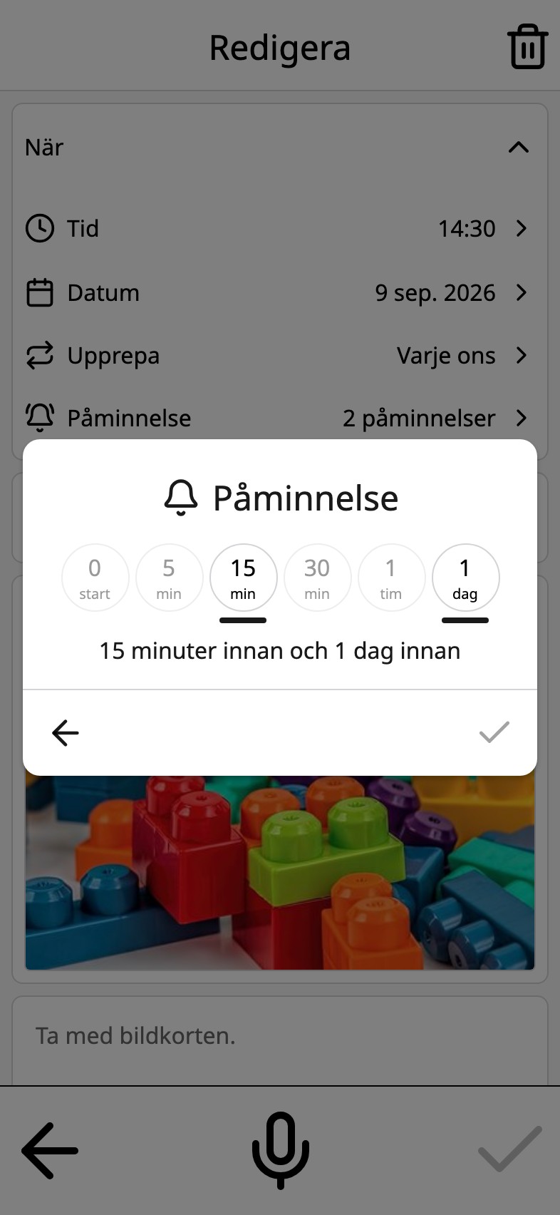 Påminnelse i Moi Kalender: val för vid starttiden, 5, 15 och 30 minuter, en timme och en dag innan