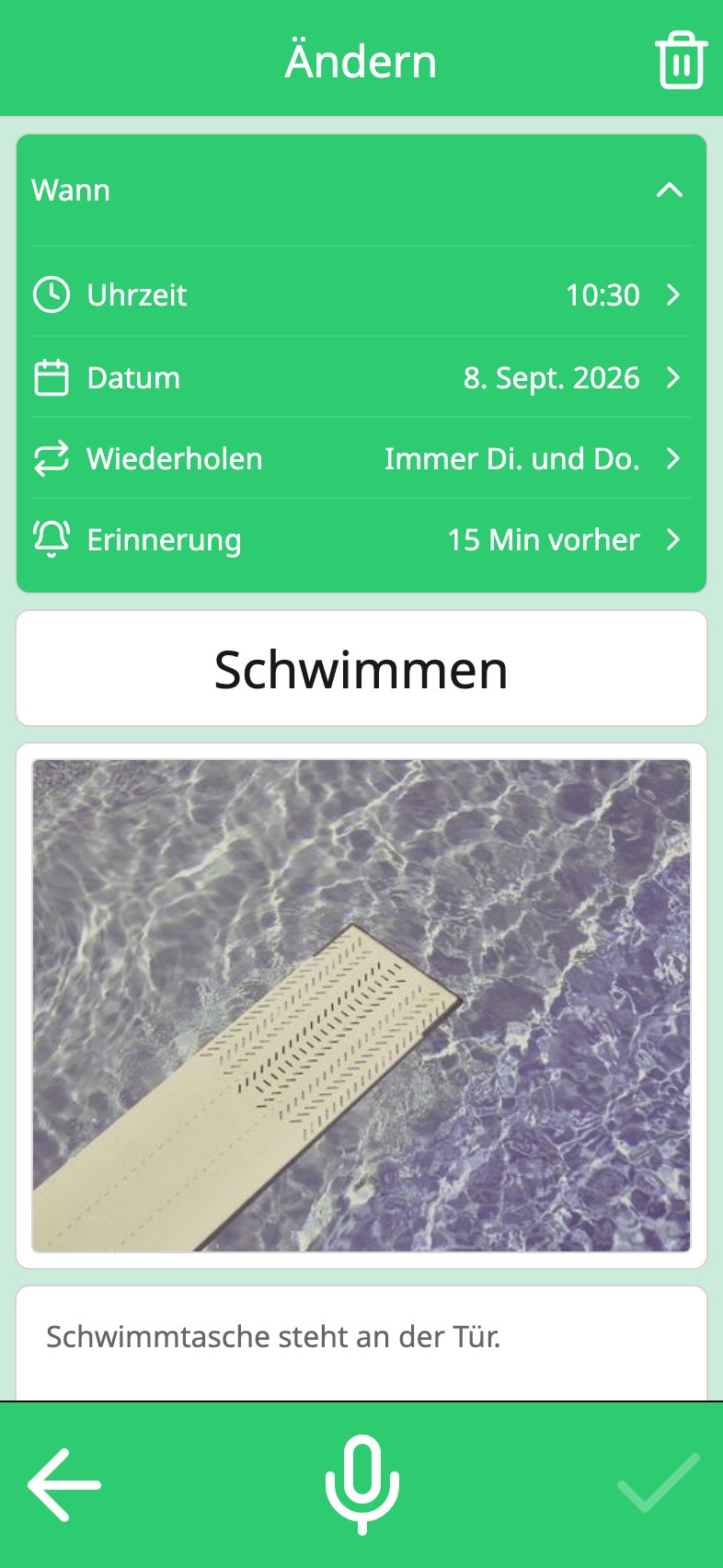 Eine Aktivität im Moi Kalender mit Wiederholung und Erinnerung in einer Karte