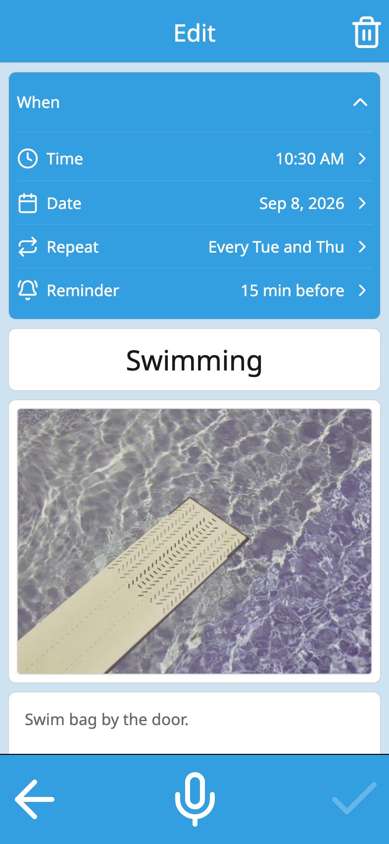 An activity in Moi Calendar with its repeat and reminder shown in one card