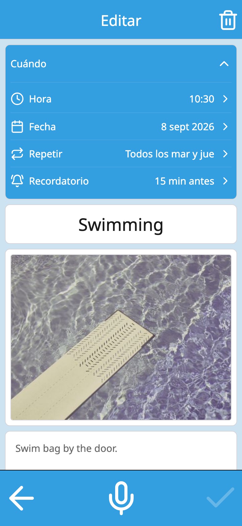 Una actividad en Moi Calendario con su repetición y su recordatorio en la misma tarjeta