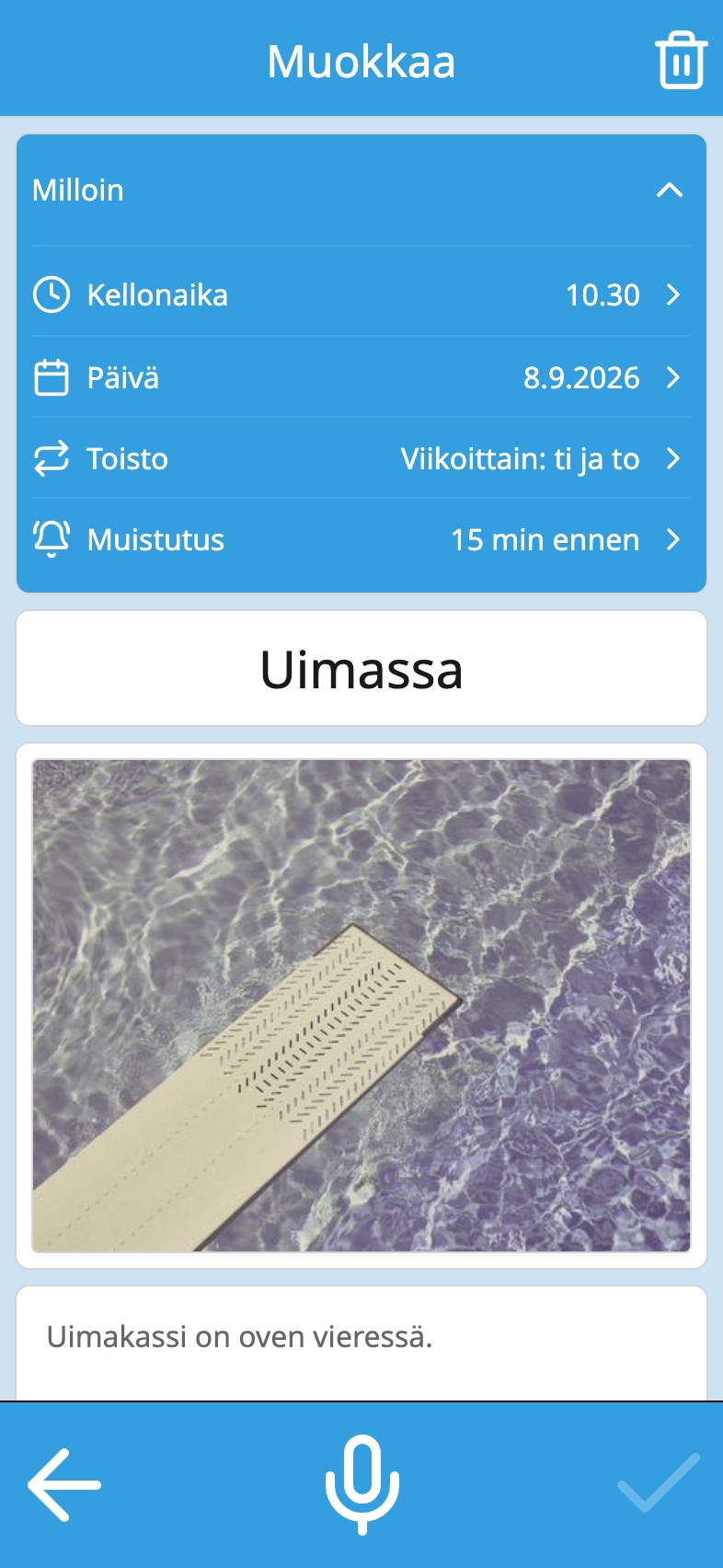 Aktiviteetti Moi Kalenterissa, jonka toisto ja muistutus näkyvät samassa kortissa