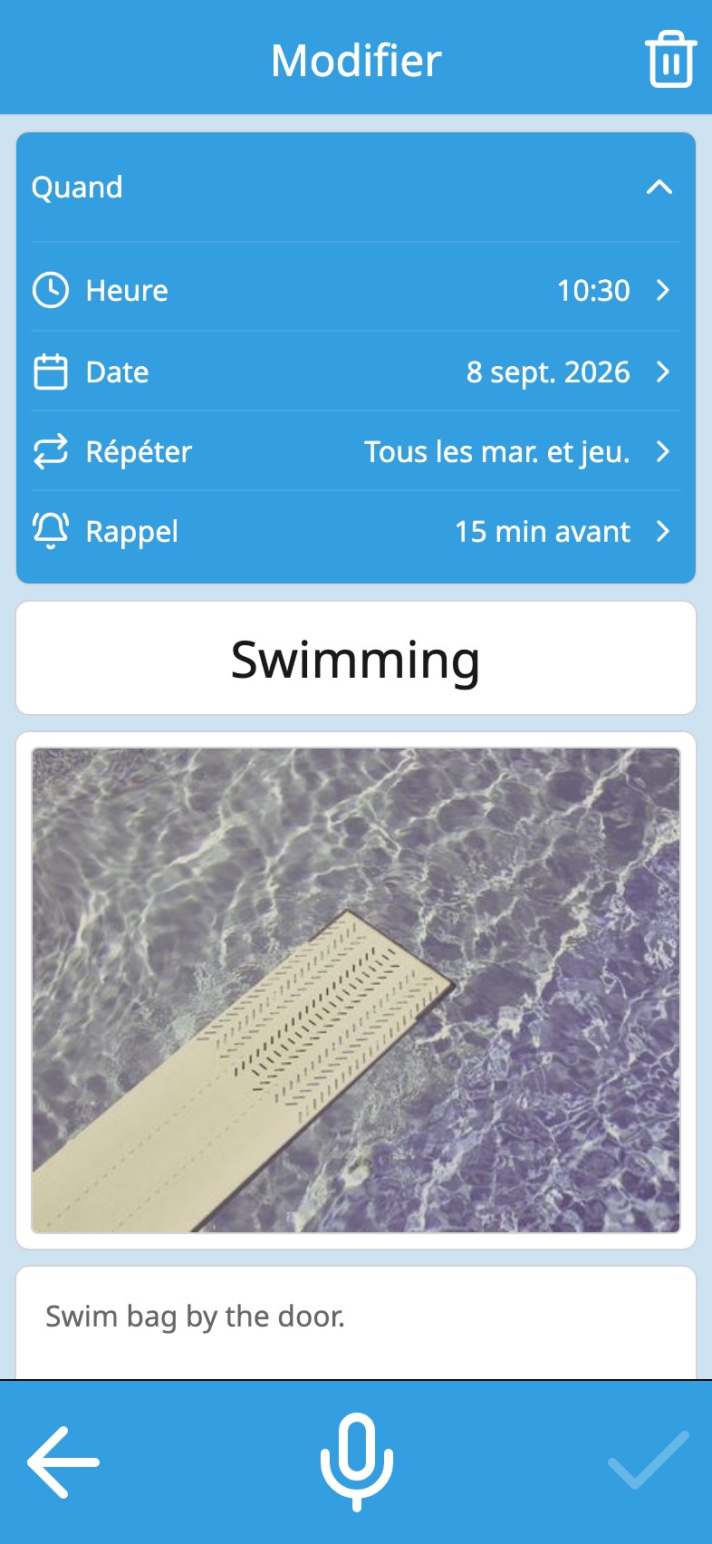 Une activité dans Moi Calendrier avec sa répétition et son rappel dans la même carte