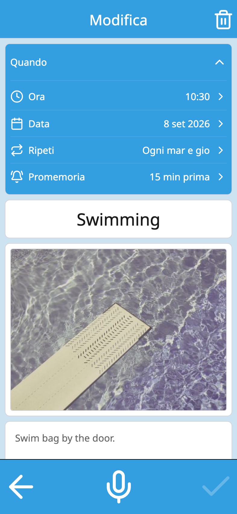 Un'attività nel Moi Calendario con la ripetizione e il promemoria nella stessa scheda