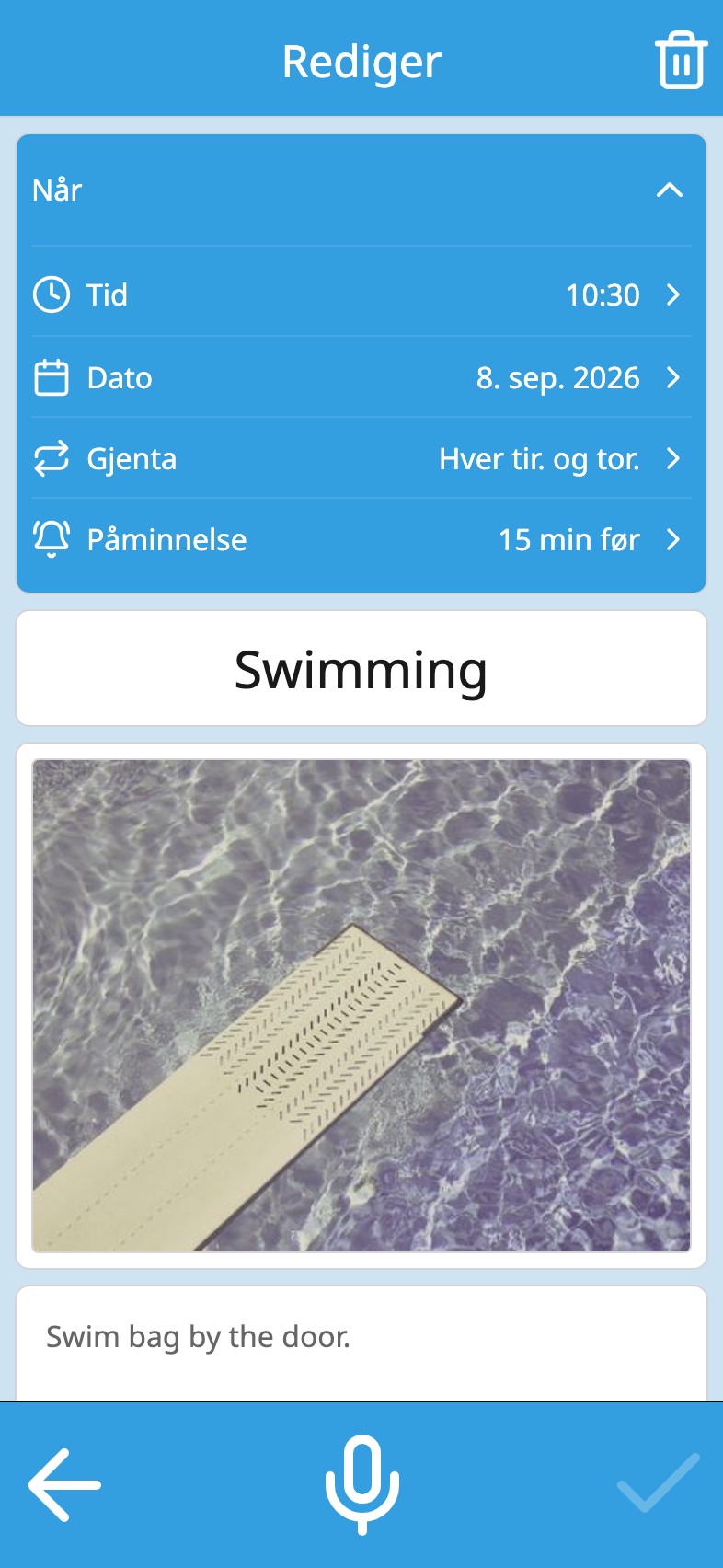 En aktivitet i Moi Kalender med gjentakelsen og påminnelsen i samme kort