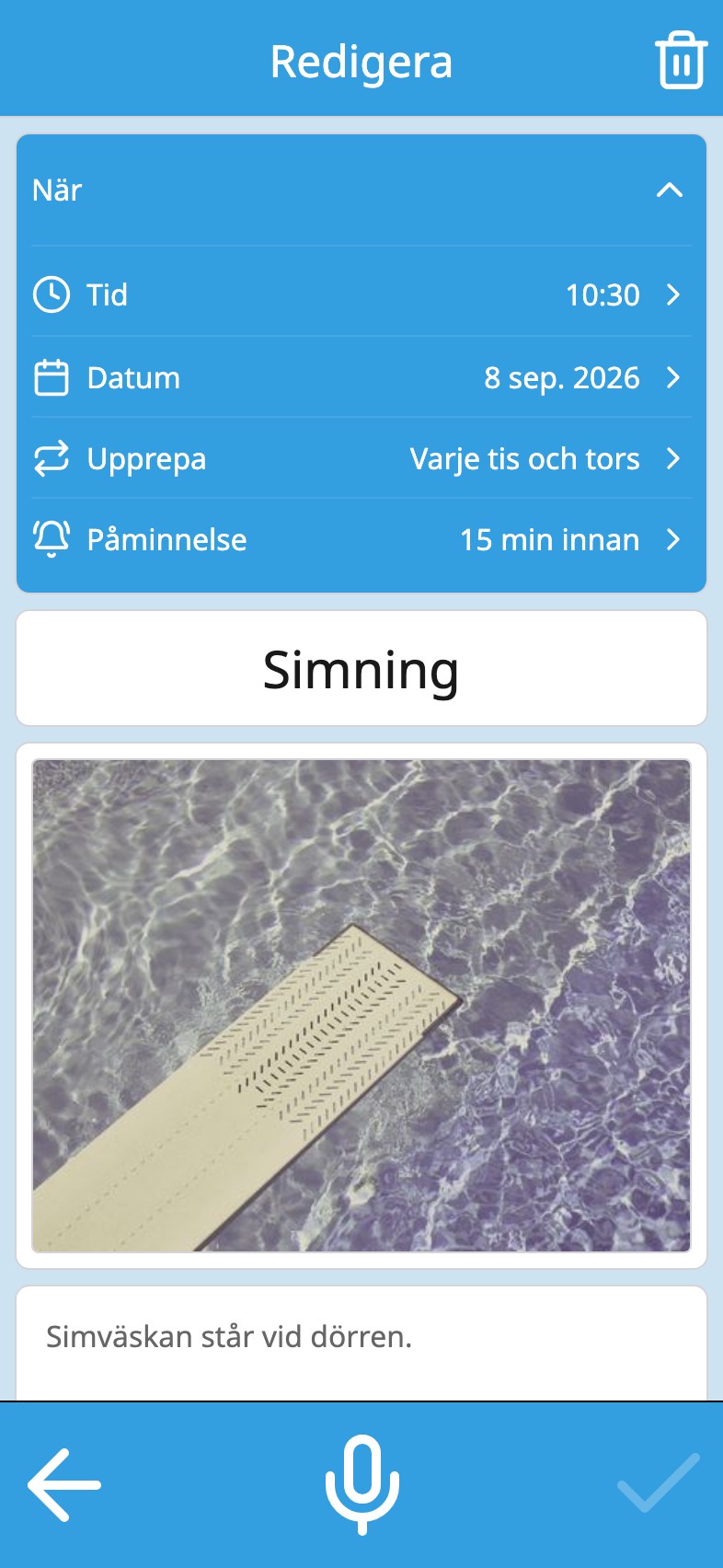 En aktivitet i Moi Kalender med sin upprepning och sin påminnelse i samma kort