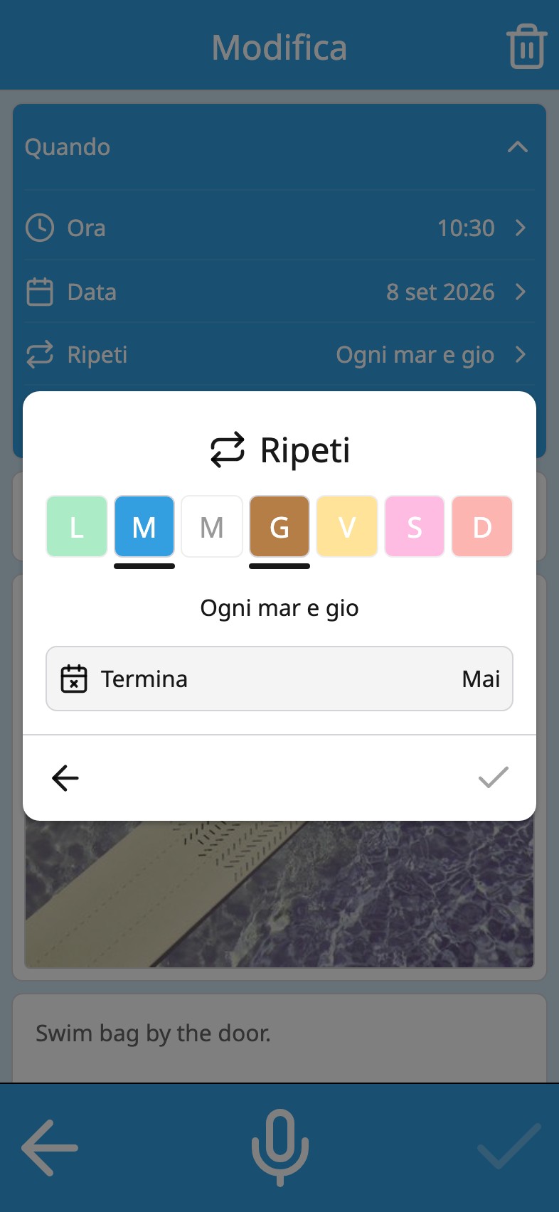 Ripeti nel Moi Calendario: i sette giorni della settimana nei colori del calendario, con martedì e giovedì selezionati