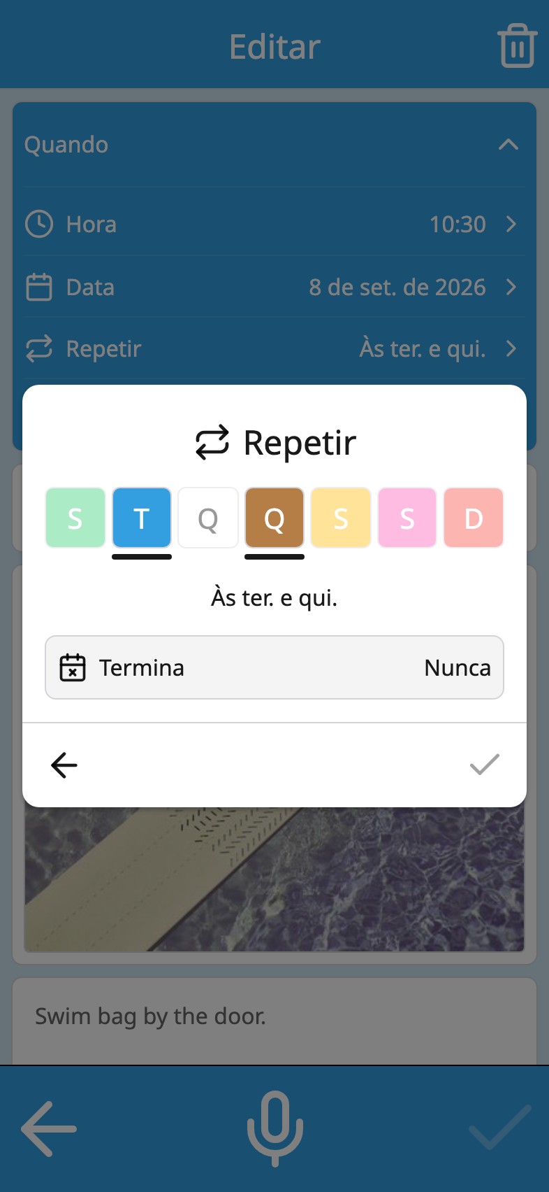 Repetir no Moi Calendário: os sete dias da semana nas cores do calendário, com terça e quinta selecionadas