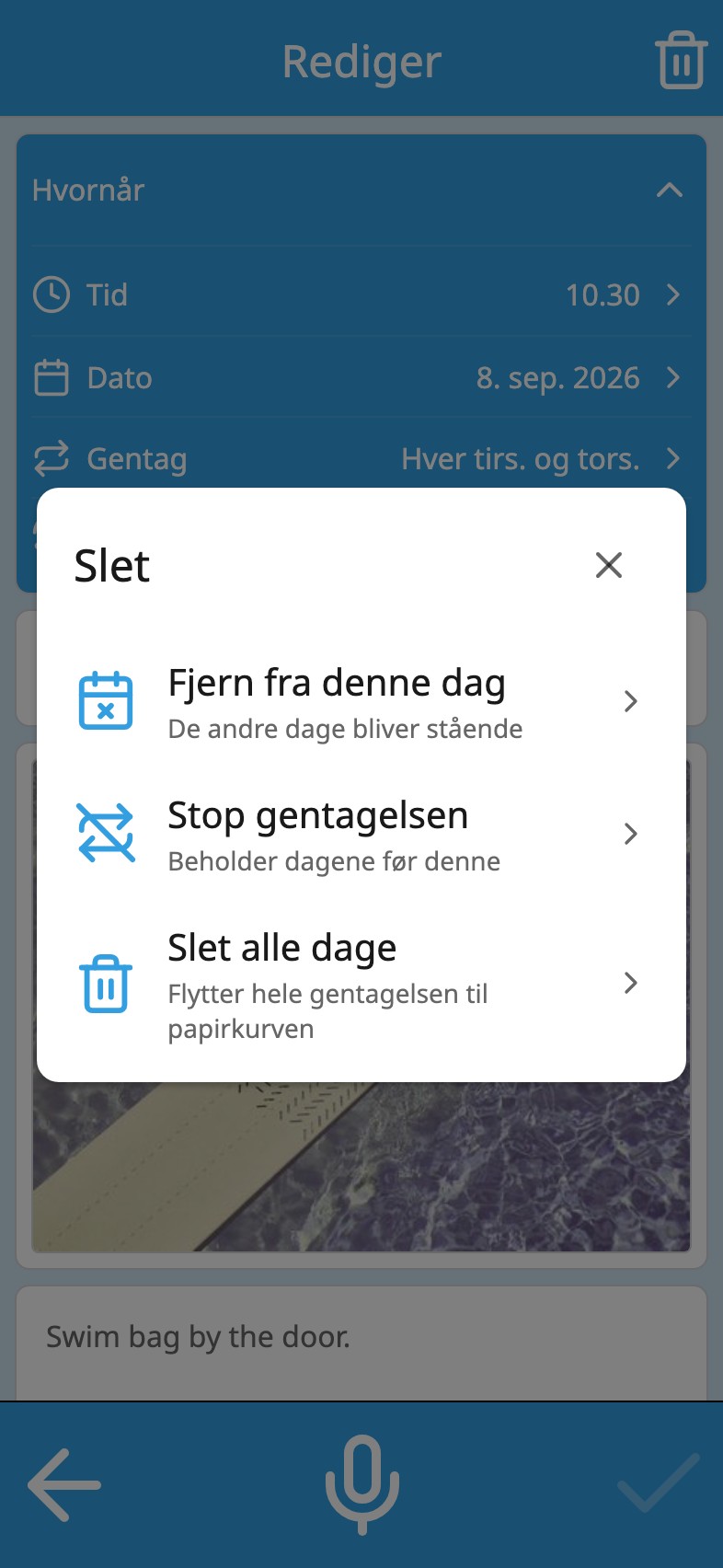 Moi Kalender spørger, hvilke dage der skal slettes: Fjern fra denne dag, Stop gentagelsen eller Slet alle dage