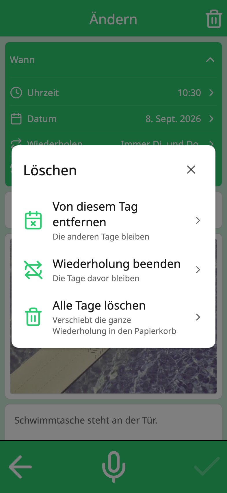 Der Moi Kalender fragt, welche Tage gelöscht werden sollen: von diesem Tag entfernen, Wiederholung beenden oder alle Tage löschen