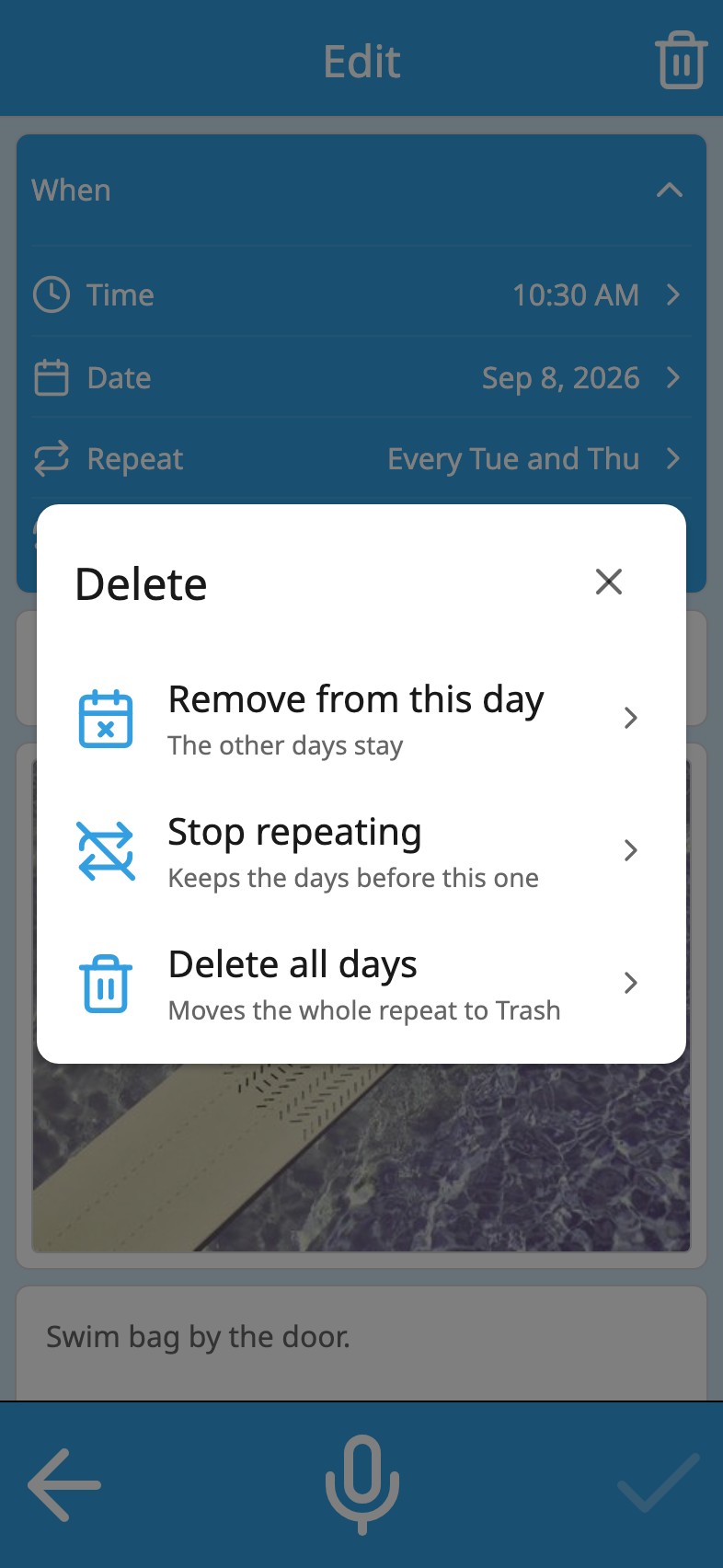 Moi Calendar asking which days to delete: remove from this day, stop repeating, or delete all days