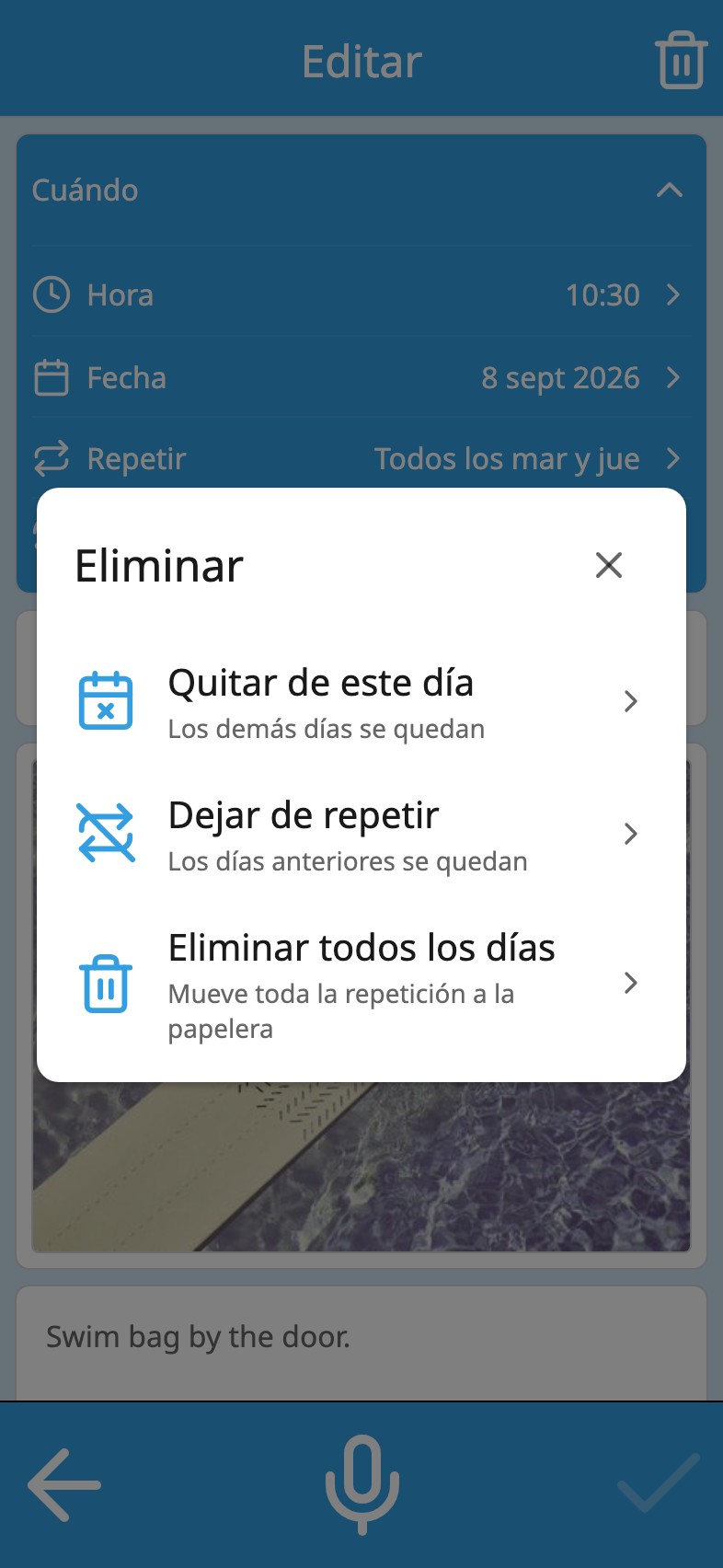Moi Calendario pregunta qué días eliminar: quitar de este día, dejar de repetir o eliminar todos los días