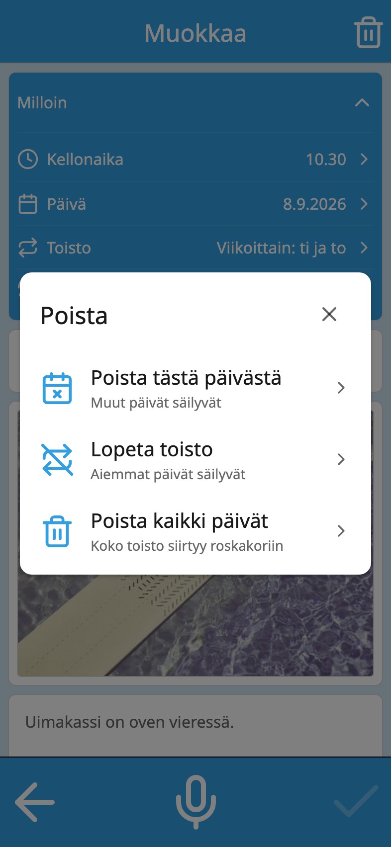 Moi Kalenteri kysyy, mitä päiviä poistetaan: poista tästä päivästä, lopeta toisto vai poista kaikki päivät