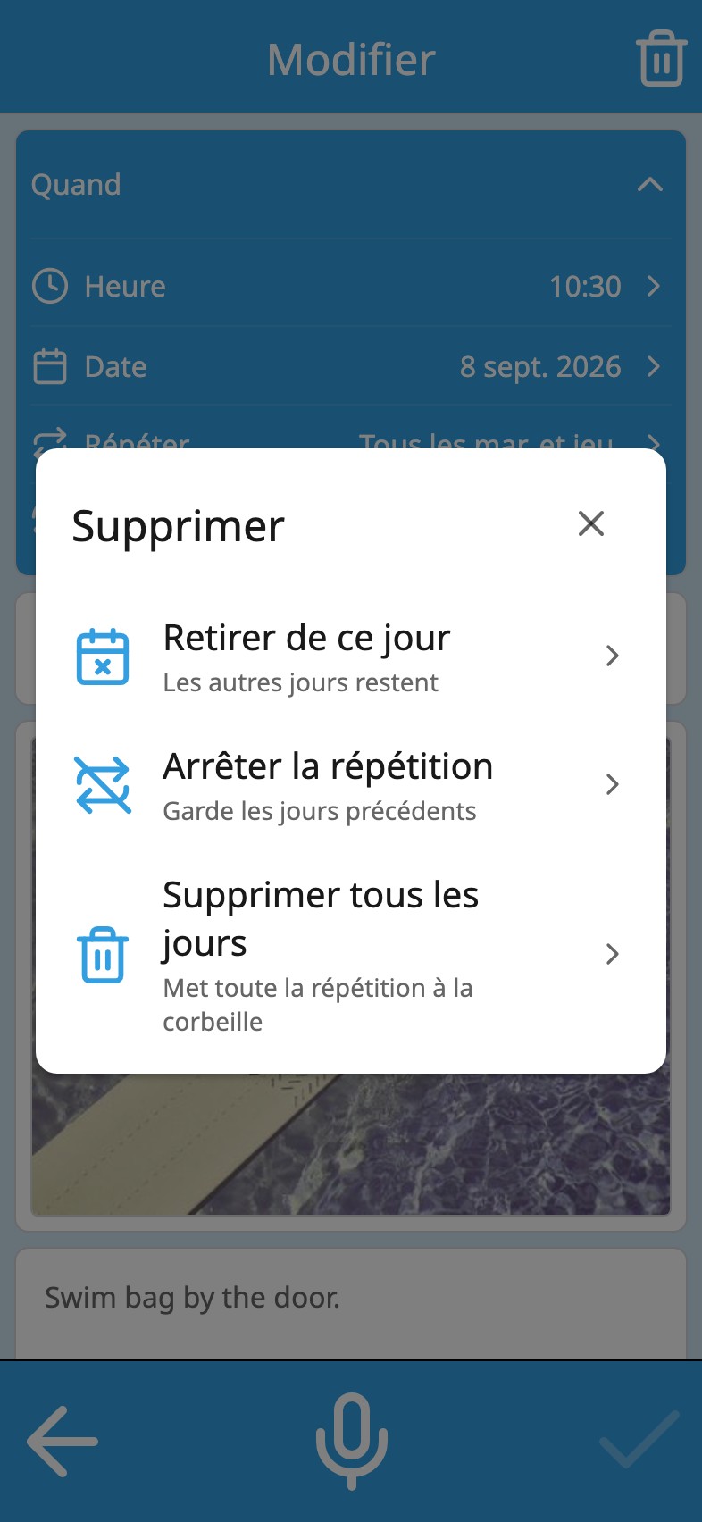 Moi Calendrier demande quels jours supprimer : retirer de ce jour, arrêter la répétition ou supprimer tous les jours