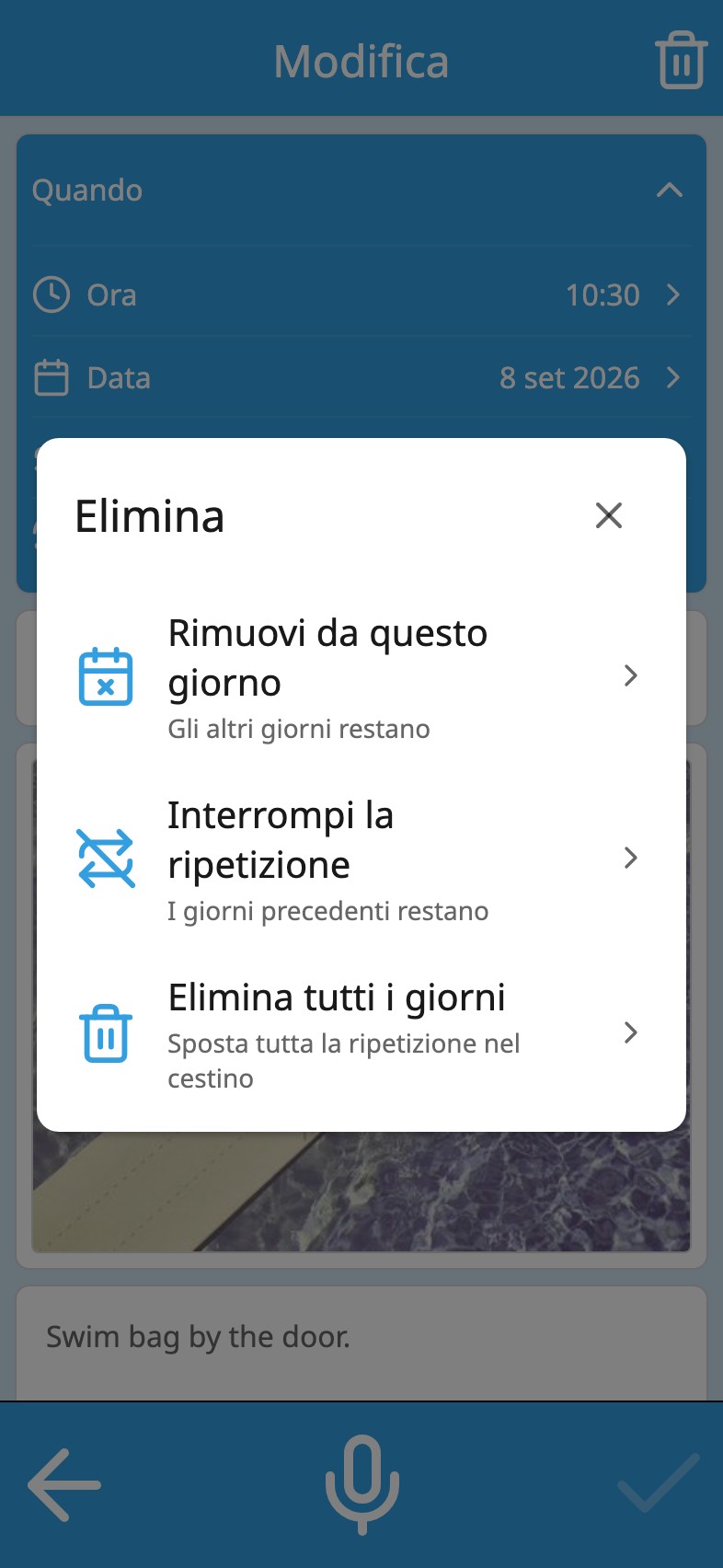 Il Moi Calendario chiede quali giorni eliminare: rimuovi da questo giorno, interrompi la ripetizione o elimina tutti i giorni