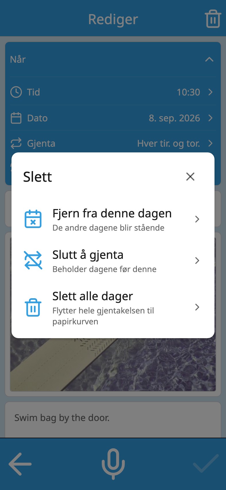 Moi Kalender spør hvilke dager som skal slettes: fjern fra denne dagen, slutt å gjenta eller slett alle dager