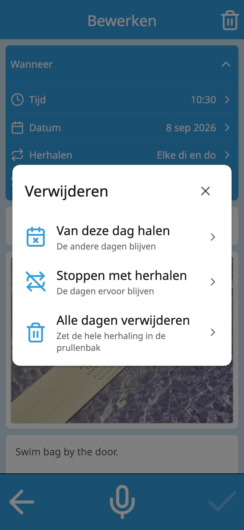 Moi Kalender vraagt welke dagen verwijderd moeten worden: van deze dag halen, stoppen met herhalen of alle dagen verwijderen