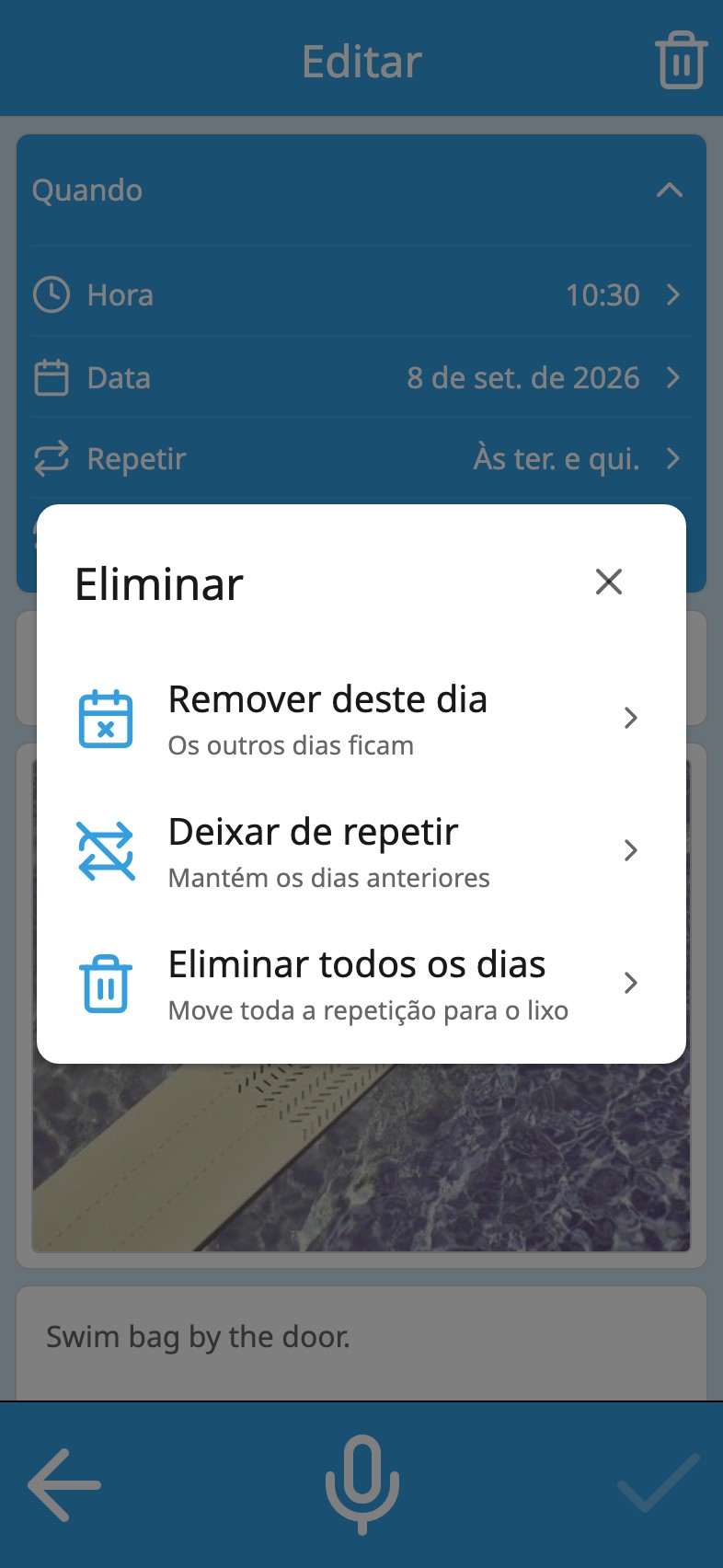 O Moi Calendário pergunta quais dias eliminar: remover deste dia, deixar de repetir ou eliminar todos os dias