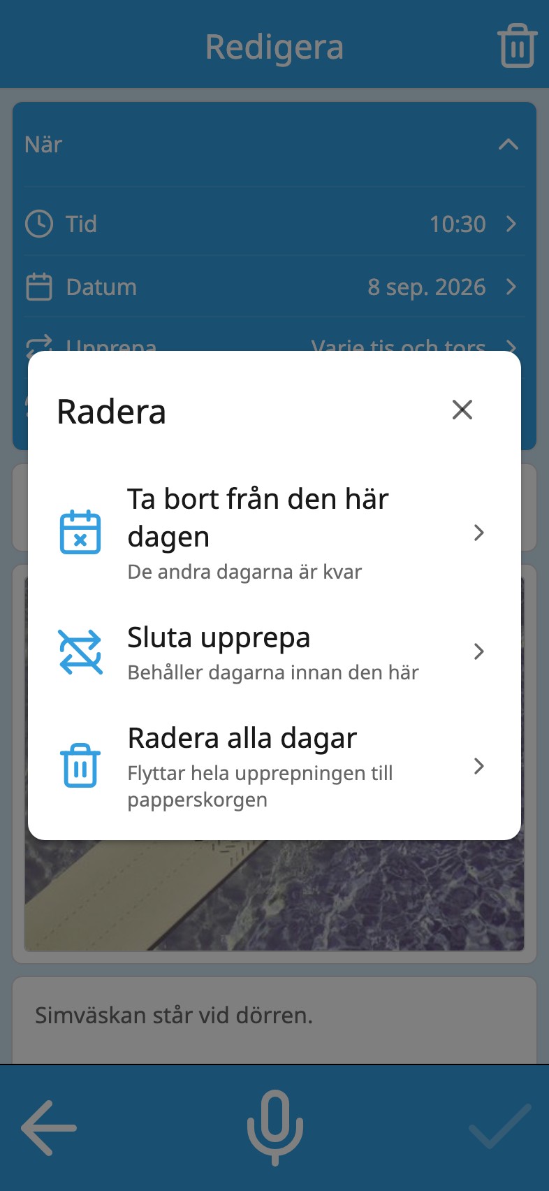 Moi Kalender frågar vilka dagar som ska raderas: ta bort från den här dagen, sluta upprepa eller radera alla dagar