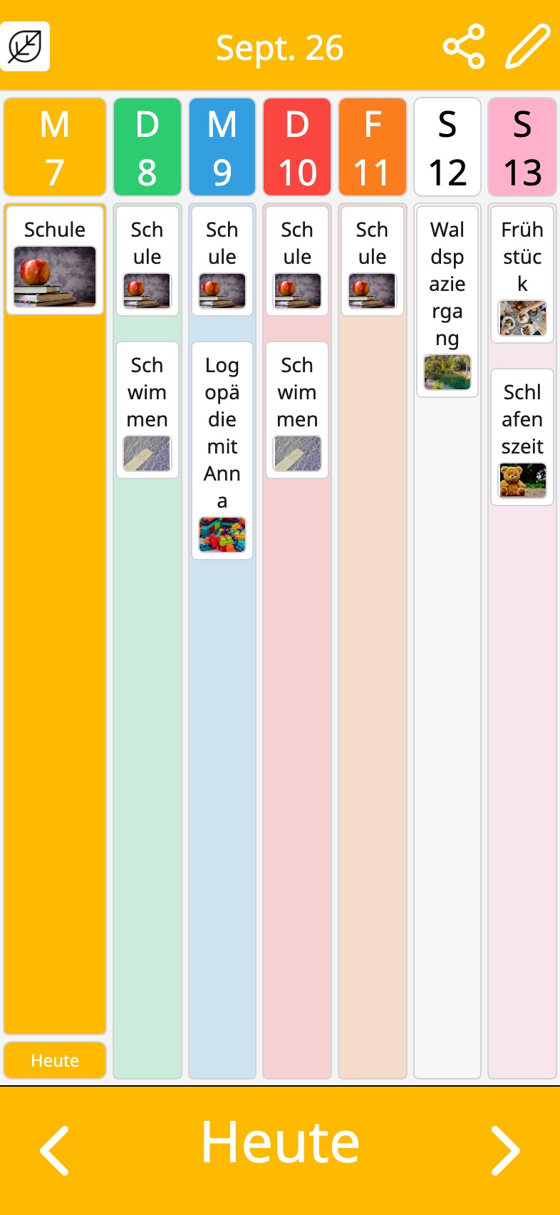 Eine Woche im Moi Kalender, in der Schule, Schwimmen und Logopädie an ihren Tagen wiederkommen